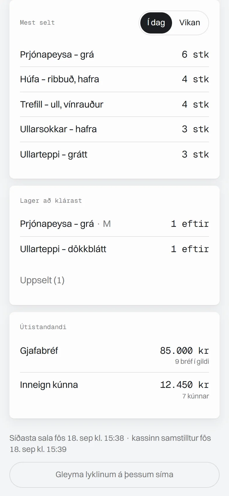 Yfirlit eigandans í síma: mest selt í dag, lager að klárast eftir stærð, og útistandandi gjafabréf og inneign.